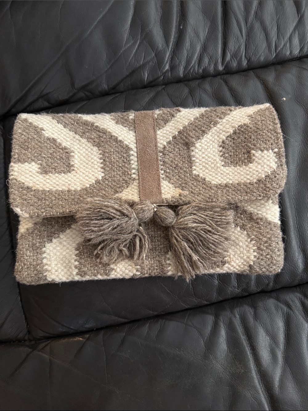 Woven Tassel Clutch in Cream and Brown